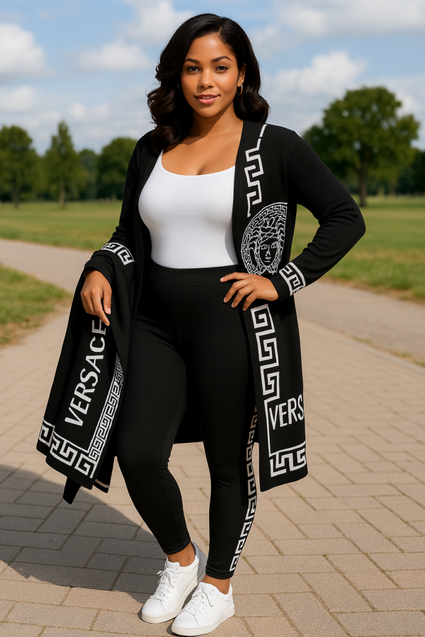 Ensemble Femme Chic « VERSACE » – Veste Longue et Legging Noir